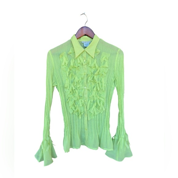 Vintage Y2K 90s Lime Green Mesh Blouse Bell Sleeves Medium Festival Fairy Whimsy - Picture 1 of 8